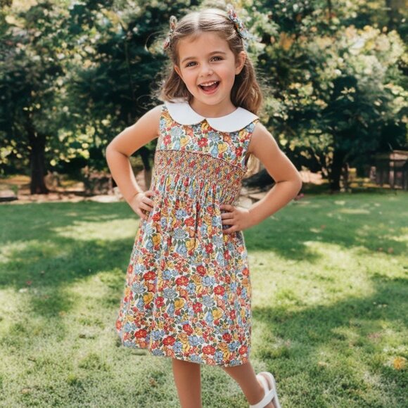 Korango Australia Vintage Floral Smocked Dress Classic Sleeveless Peter Pan Neck